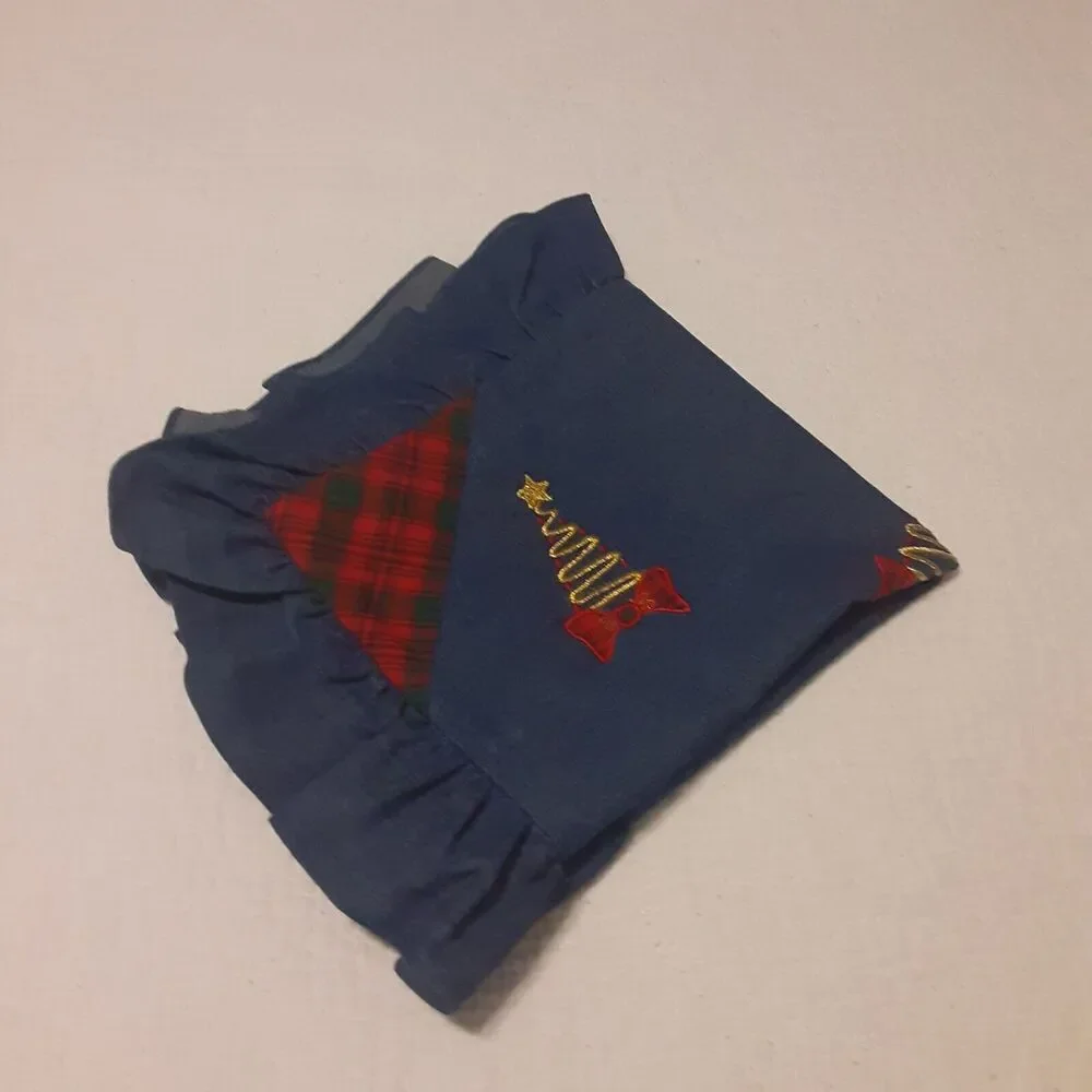 Handmade Embroidered Tartan Ruffled Zip Pillow Case Denim Tone Christmas